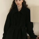 Wool Blend Belted Coat (Black)