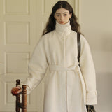 Wool Blend Belted Coat (White)