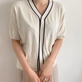 Contrast Trim Knit Cardigan (Ivory)