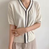 Contrast Trim Knit Cardigan (Ivory)