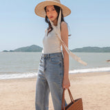 Straight-Cut One-Button Washed Jeans